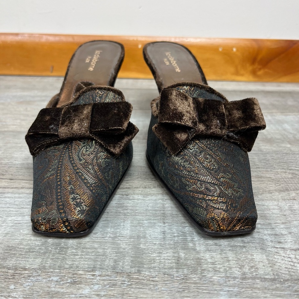 Vintage Liz Claiborne velvet paisley mule kitten heels 8.5 bow square toe grunge - Picture 3 of 8